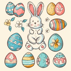Colorful collection with easter rabbit and easter eggs.