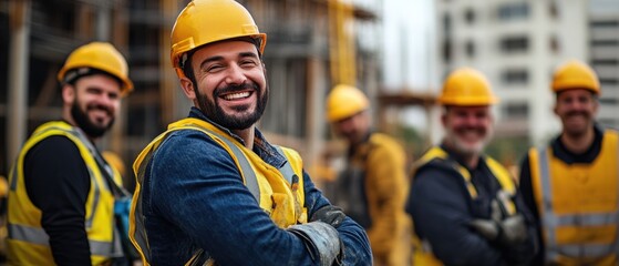 Obraz premium A group of smiling construction workers wearing uniforms