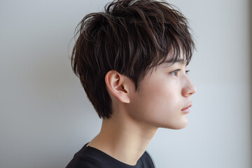 profile of young japanese man with short tousled hair and calm expression
