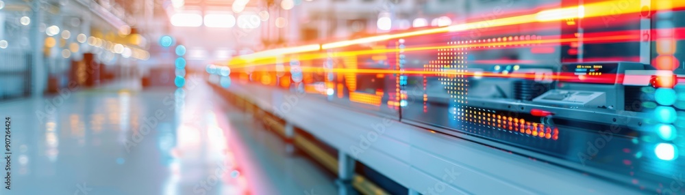 Poster a dynamic scene of industrial machinery showcasing motion blur and illuminated elements in a modern 