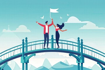 A joyful couple stands on a bridge, celebrating together with a flag against a serene, blue sky filled with clouds.