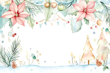 Beautiful watercolor Christmas border featuring poinsettias, ornaments, holly leaves, and decorated trees, perfect for festive greeting cards and designs.