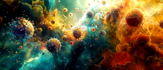 A vibrant and colorful depiction of cosmic elements, showcasing swirling gases and planetary bodies in a mesmerizing space landscape.