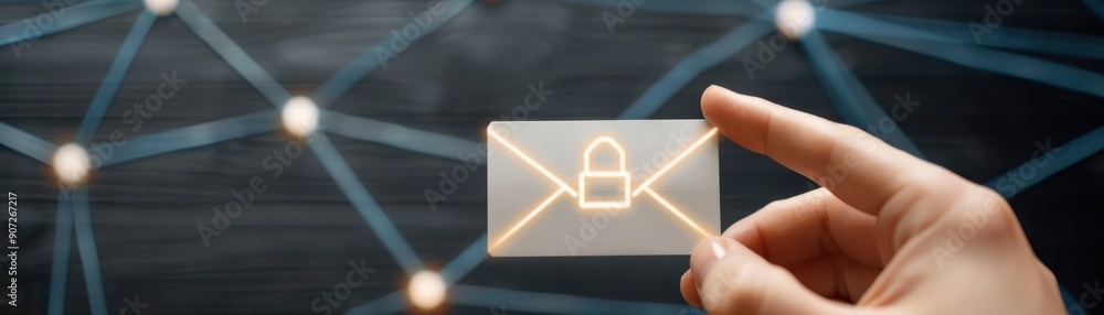 Poster a hand holding a transparent card featuring a padlock symbol, representing secure email communicatio