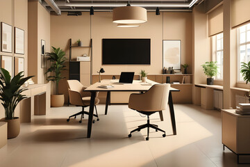 Fototapeta premium modern dining room with table, the inside of a beige-toned company