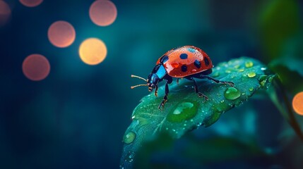 Ladybug on a Dew-Covered Leaf