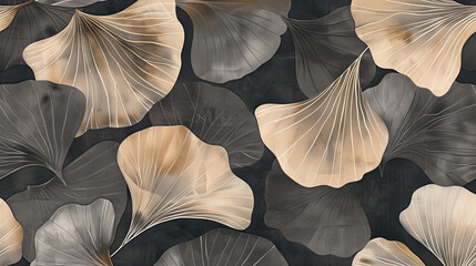 Artistic ginkgo leaves pattern in neutral tones on a dark background