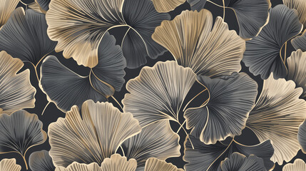 Artistic ginkgo leaves pattern in neutral tones on a dark background