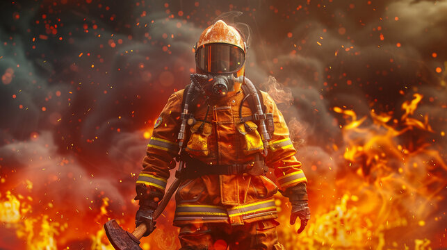Firefighter Hero Wearing fireproof equipment and carrying a firecracker in his hand with fire in the background