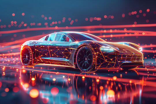 Futuristic electric car with holographic wireframe digital technology background - Powered by Adobe