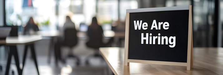 A "We Are Hiring" sign on a wooden easel in a modern office environment, with plants and blurred figures in the background.