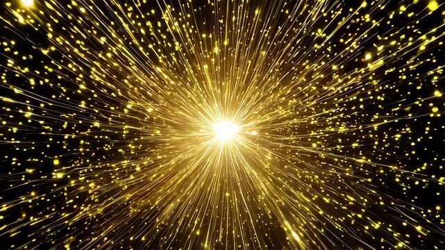 Extreme close-up: Radiant golden light bursts from central point in black void. Shimmering particles streak outward, creating dazzling starburst effect. Warm, brilliant glow illuminates darkness.	