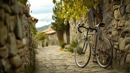 Fototapeta premium A rustic scene featuring a lone bicycle against a cobblestone path, surrounded by charming stone walls and greenery.