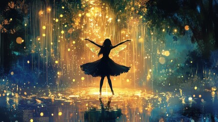 Enchanting Fairy Dancing in the Rain with Magical Sparkles - Digital Illustration