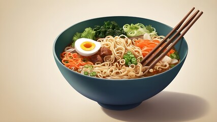 Asian cuisine bowl of vegetable-based ramen with chopsticks. AI generative.