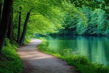 A serene pathway alongside a calm lake, framed by lush greenery and tranquil reflections, inviting peaceful strolls and nature exploration.