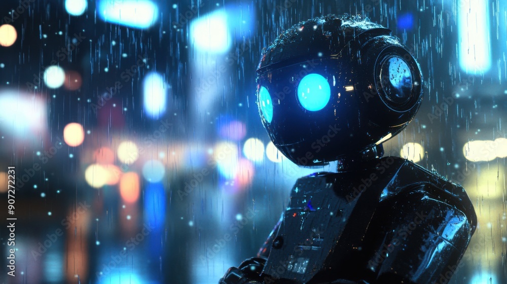 Poster glowing robot in the rain - cybernetic android with illuminated design under the pouring rainstorm