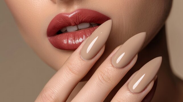 Close-up photo of beautiful woman's lips with perfect manicure