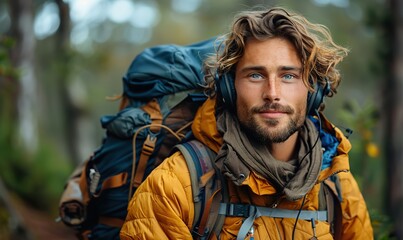 A handsome, bearded young man with a backpack and headphones is enjoying nature.