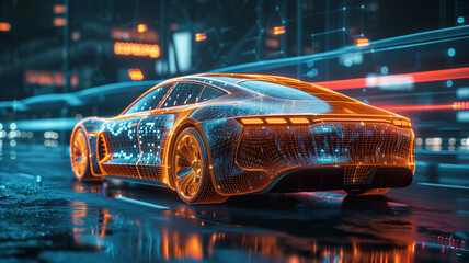 Futuristic electric car on digital technology background