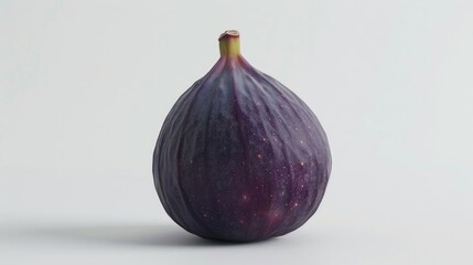 A single purple fig sits atop a clean white surface, ideal for use in food or still life photography