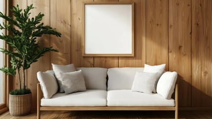 Minimalist Living Room with Wooden Wall and White Sofa