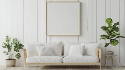 Minimalist Living Room with White Sofa and Plants