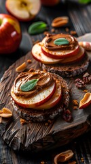 Fototapeta premium Delicious apple and nut butter toast with nuts on a rustic wooden board.