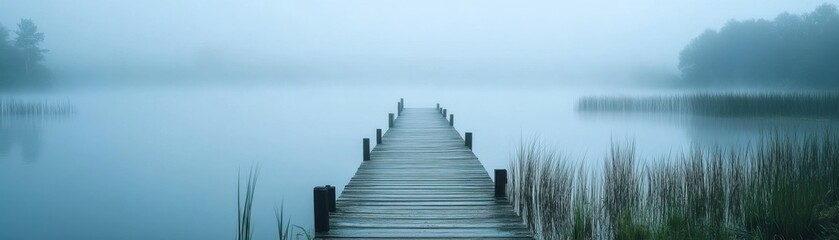 Obraz premium A serene wooden dock extending into a misty lake, surrounded by calm water and soft greenery, creating a peaceful atmosphere.