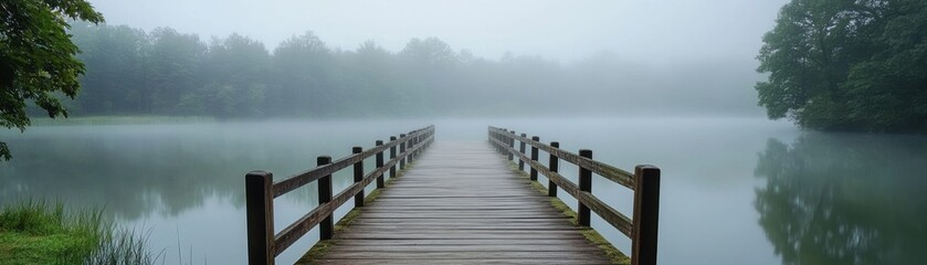 A serene wooden pier extends into a misty lake, surrounded by lush greenery, evoking tranquility and peaceful reflection.