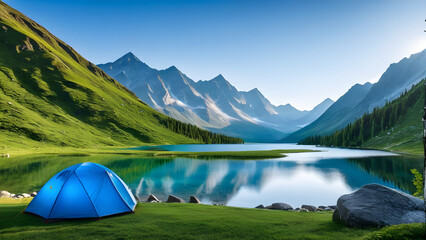 camping in the mountains concept background, beautiful lake view from the tent, ai generated