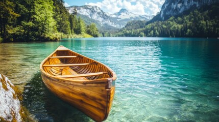Obraz premium Wooden Canoe on a Tranquil Mountain Lake