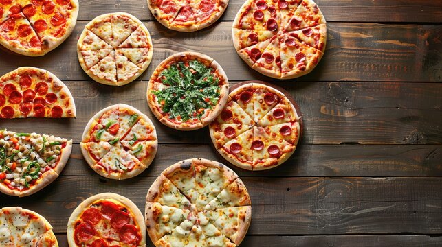 Variety of freshly made pizzas Overhead view Space for text