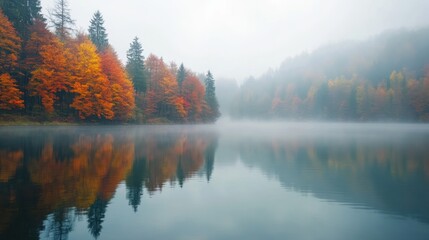 A tranquil lake surrounded by vibrant autumn trees, enveloped in mist, reflecting the serene beauty of nature.