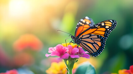 Fototapeta premium A butterfly resting on a colorful flower in a garden 