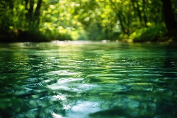 Fototapeta premium A tranquil river scene surrounded by lush greenery, highlighting the serene beauty of nature's reflections and vibrant colors.