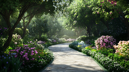 A tranquil garden pathway lined with blooming plants and trees 