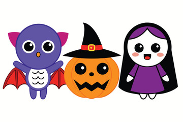 cute Halloween characters ghost witch and vampire vector illustration  
