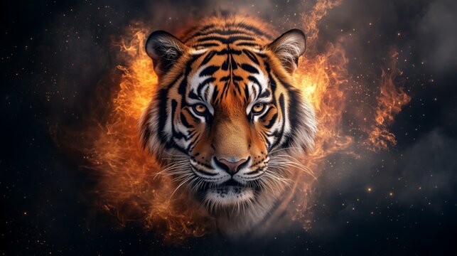 Close-up photography of a majestic tiger framed by an abstract fire background. 