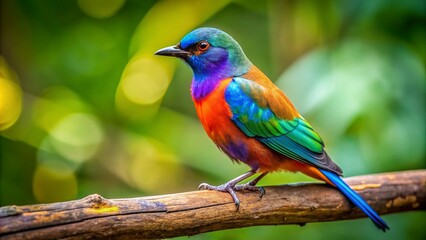 Vibrant eastern bird perches on a weathered branch in Englewood Metropark, showcasing iridescent feathers and sleek silhouette against a lush green forest backdrop.