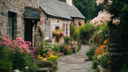 Charming stone cottage path with colorful flowers, creating a picturesque garden scene in a serene countryside setting.