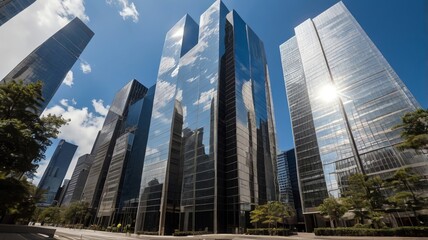 Fototapeta premium a city skyline with tall buildings reflected in a pond of water