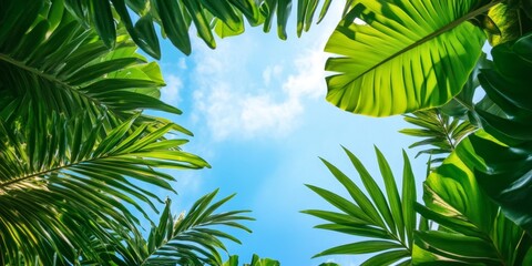 Fototapeta premium Lush Tropical Paradise: Vibrant Green Leaves Frame Clear Blue Sky. Nature's Perfection Captured in Stunning Contrast, Ideal for Summer Vacation Concepts, Travel Inspiration, and Fresh Natural Backgro