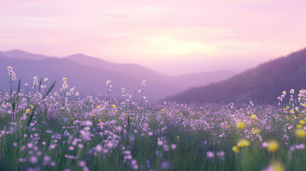 Serene Landscape with Purple Lilac Gradient Sky and Tranquil Meadow

