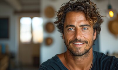 Obraz premium A handsome Caucasian man is smiling at the camera while taking a selfie indoors at home.