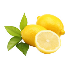 Fresh Yellow Lemons with Green Leaves Isolated On Transparent Background