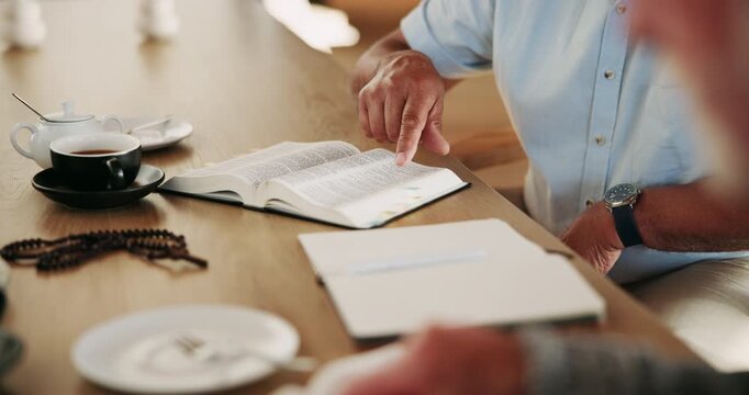 Hands, teaching and elderly people for bible study, faith and learning knowledge of Christian scripture. Pastor, advice and senior person for religion, worship or discussion of gospel of Jesus Christ