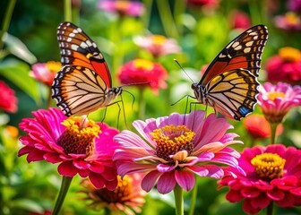 Fototapeta premium Vibrant butterflies with delicate wings and slender bodies rest on bright pink Zinia Elegans flowers, surrounded by lush green foliage in a sun-kissed garden.