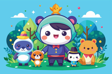 Naklejka premium Cartoon Characters in a Forest Setting