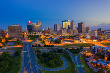 Intersate Freeway and down Kansas City at sunset, Missouri, United States Of America.